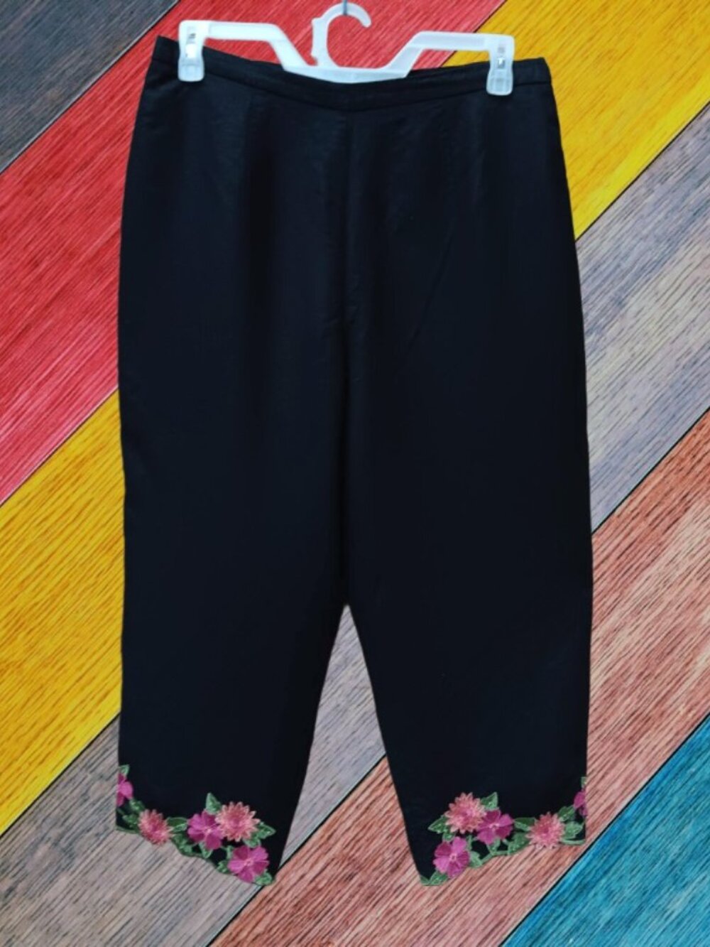 Vintage Crop Pants Embroidered Bottom Linen Blend Black Fully Lined Size 14W